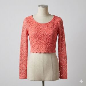 Nikka Lace Long Sleeve Crop Top Sz S Coral Pink Lined/Sheer Sleeve Boho Feminine